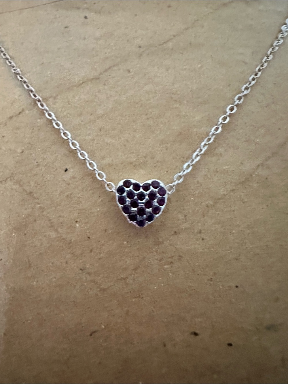 Silver Heart Pendant Necklace with dark red Stones